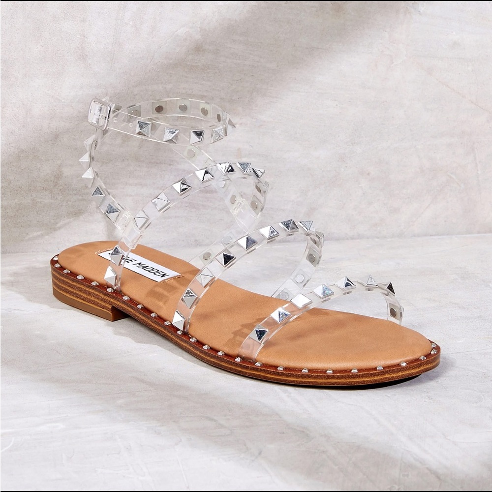 Steve Madden travel rock stud Gladiator tan flat‎ Studded Clear Strap Sandals
